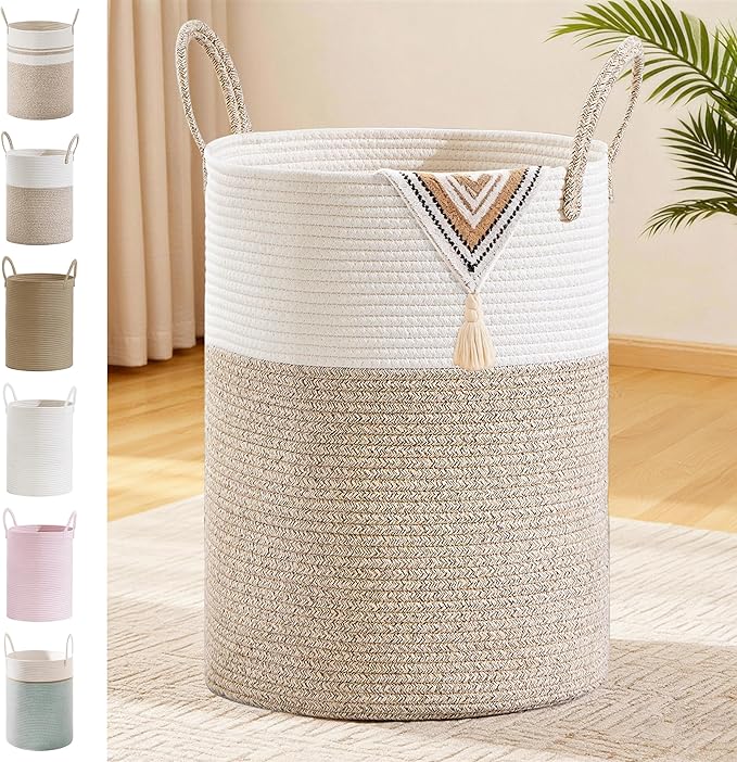 Tall Laundry Basket with Handles, 100L Portable Dirty Clothes Hamper, Boho Cotton Rope Storage Bin for Blankets Kids Toys Gifts, Extra Large Organizer for Baby Nursery Bedroom Bathroom, Brown