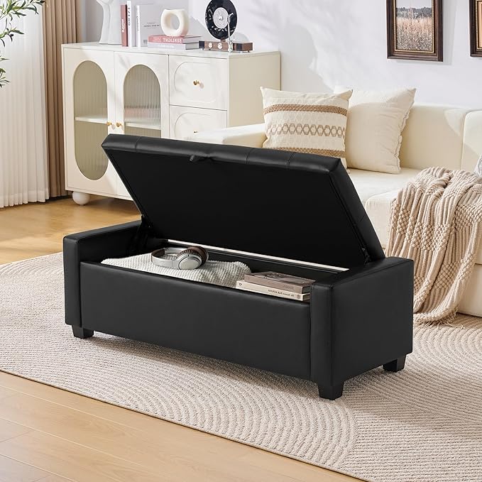 48" Ottoman with Storage, Storage Ottoman Bench with Safety Hinge, Upholstered Entryway Bench with Seating for Bedroom, Living Room, Holds up to 330 lb, Light Black