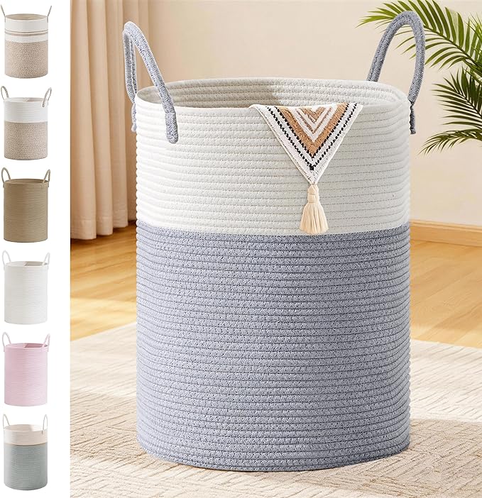Tall Laundry Basket with Handles, 100L Portable Dirty Clothes Hamper, Boho Cotton Rope Storage Bin for Blankets Kids Toys Gifts, Extra Large Organizer for Baby Nursery Bedroom Bathroom, Grey