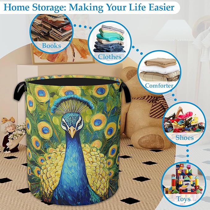 Peacock Laundry Basket Collapsible Laundry Hamper Clothes Toy Storage Bin for Bathroom Bedroom Room Decor 16" X 20.8"