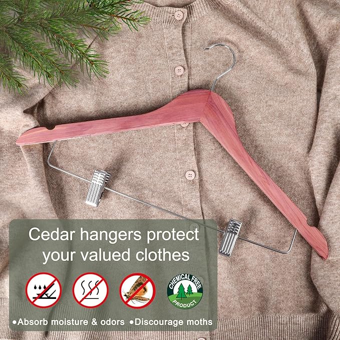 TOPIA HANGER American Red Cedar Wooden Hangers with Adjustable Metal Clips and 360° Swivel Hook, Premium Wood Clothes Hangers 10 Pack for Suit, Pant, Skirt, Jeans, Coat, Jacket-CT28C