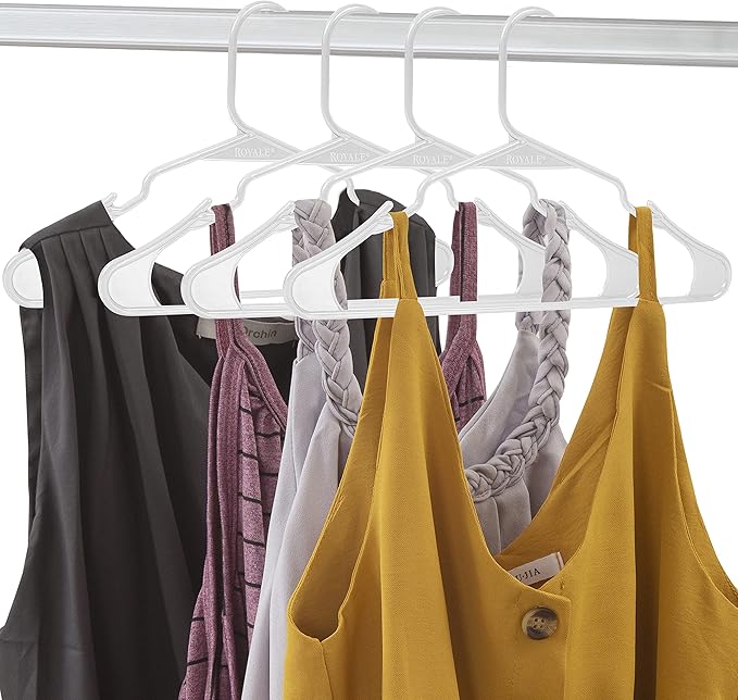 ROYALE 40 Pack White Plastic Hangers for Clothes - Heavy Duty Plastic Clothes Hanger Ideal for Everyday Standard Use - Lightweight & Space Saving Notched Plastic Hangers - Slim & Sleek Shoulder Groove