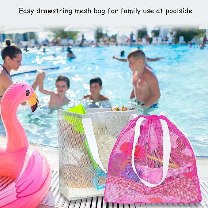 Reusable 4Pack Colorful Mesh Beach Tote Bags,Mesh Shopping Bag With Drawstring For Travel,Toys,Gift Or Laundry … …