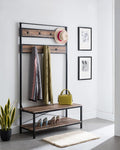 None Weathered Oak Entryway Shoe Bench with Coat Rack Hall Tree Storage Organizer 7 Hooks in Black Metal Finish