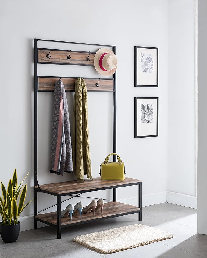 None Weathered Oak Entryway Shoe Bench with Coat Rack Hall Tree Storage Organizer 7 Hooks in Black Metal Finish