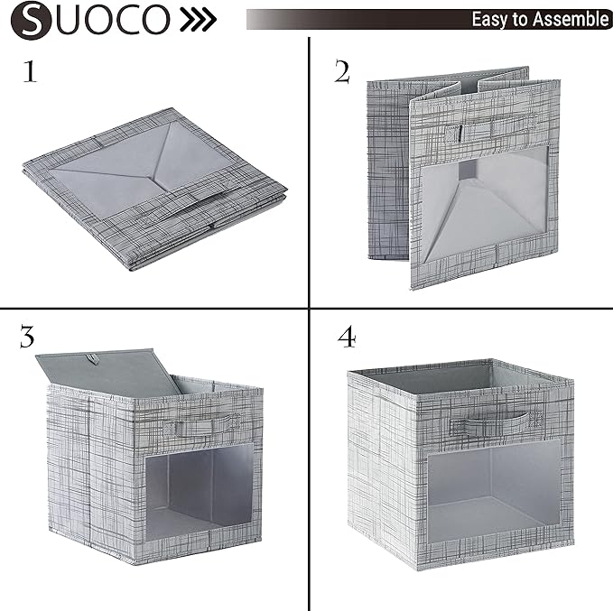 SUOCO Cube Storage Bins with Clear Window, Foldable Fabric Baskets Boxes for Shelf Closet Organizer, Nursery and Kids Room, 8 Pack, Grey