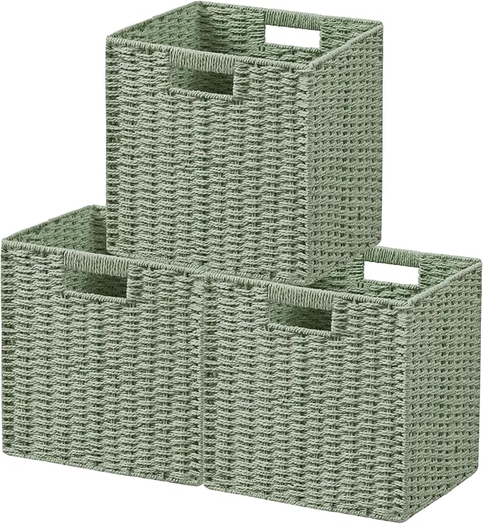 UBBCARE 3 Pack Wicker Basket, 11L×11H×10.5W inch Woven Paper Rope Storage Baskets for shelves, Foldable Cube Storage bin with Handle, Storage Basket for Organizing & Decor, Green