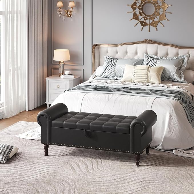 YOUDENOVA 51” Storage Bench with Rolled Arms, Upholstered Bed Bench with Vintage Rivets, PU Leather Bench for Bedroom End of Bed, Living Room, Entryway, Black