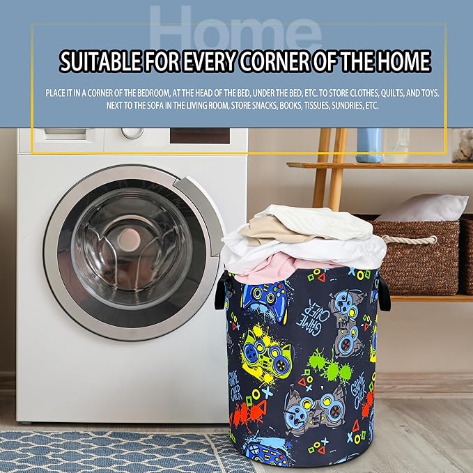 Game Laundry Basket Gamer Game Controller Foldable Waterproof Oxford Cloth Funny Tote Bag Laundry Hamper Clothes Storage Bucket Toy Organizer For Bathroom/Laundry Storage/Bedroom 18.9x16.5 Inch