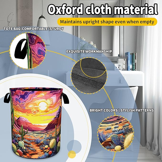 Desert Cactus Laundry Basket Colorful Scenery Mountain Foldable Oxford Cloth Funny Tote Bag Laundry Hamper Clothes Storage Bucket Toy Organizer For Bathroom/Storage/Bedroom 18.9x16.5 In