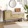 GarveeHome Rattan Shoe Bench with Linen Seat Cushion, Entryway Bench with Storage Cabinet, Wooden Storage Bench for Hallway and Bedroom, Natural Oak