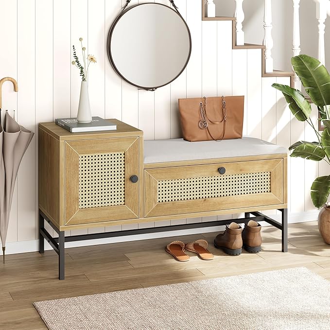 GarveeHome Rattan Shoe Bench with Linen Seat Cushion, Entryway Bench with Storage Cabinet, Wooden Storage Bench for Hallway and Bedroom, Natural Oak