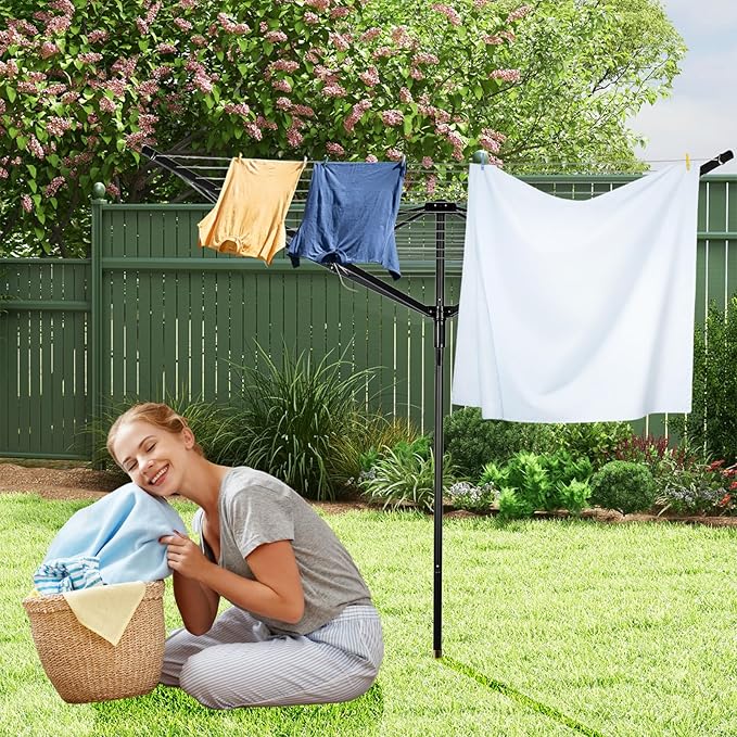 Outdoor Umbrella Drying Rack, 4-Aluminum Arms Folding Rotary Dryer with 12 Lines 165 ft Drying Space Adjustable Height Clothesline w/Waterproof Cover & Ground Spike for Garden Backyard(Black)