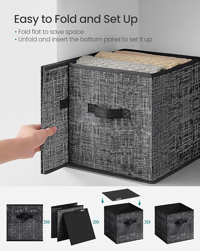 SONGMICS Storage Cubes, 10.2 x 10.2 x 11 Inches Non-Woven Fabric Bins with Double Handles, Set of 10, Closet Organizers for Shelves, Foldable, for Clothes, Ink Black UROB126B01