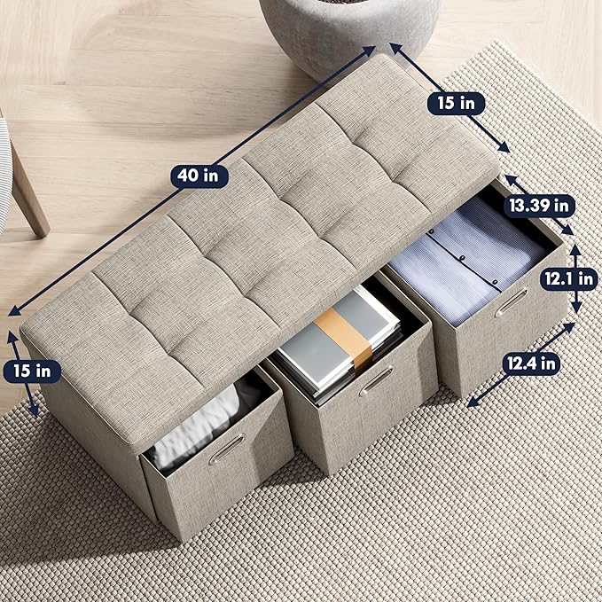 Ornavo Home Storage Ottoman with 3 Drawers, 40 Inches Long Foldable Tufted Linen Large Bench Ottoman with Storage, Foot Rest Stool Seat, for Living Room, Bedroom, Entryway, Beige