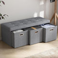 Ornavo Home Storage Ottoman with 3 Drawers, 40 Inches Long Foldable Tufted Linen Large Bench Ottoman with Storage, Foot Rest Stool Seat, for Living Room, Bedroom, Entryway, Gray