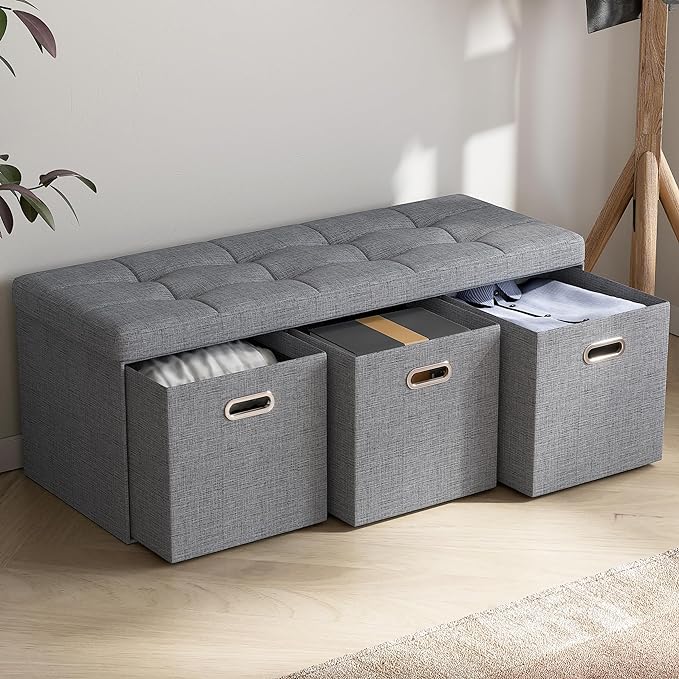Ornavo Home Storage Ottoman with 3 Drawers, 40 Inches Long Foldable Tufted Linen Large Bench Ottoman with Storage, Foot Rest Stool Seat, for Living Room, Bedroom, Entryway, Gray