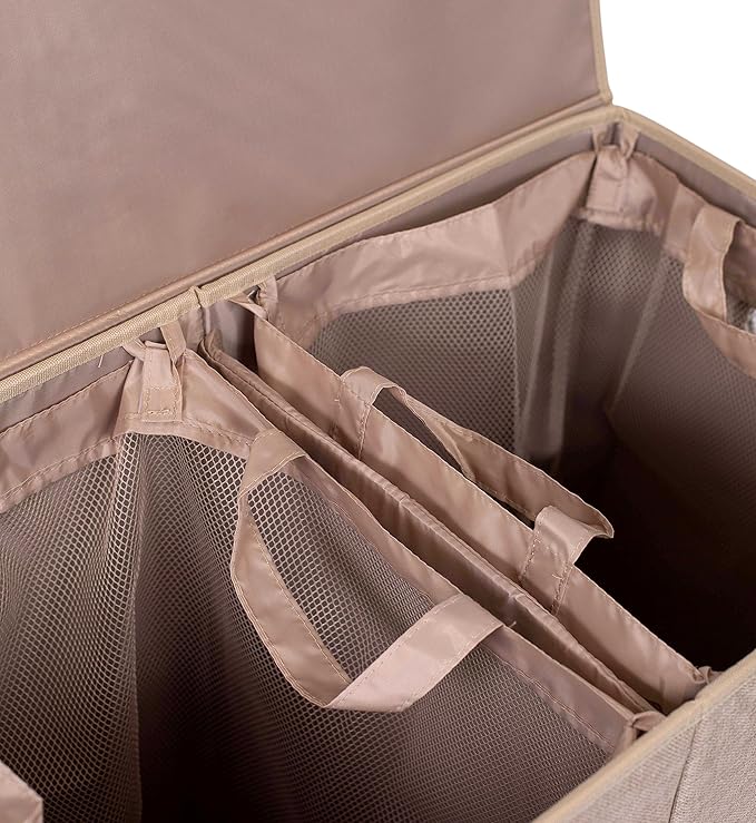 BIRDROCK HOME Double Laundry Hamper with Lid and Removable Liners | Linen | Easily Transport Laundry | Foldable Hamper | Cut Out Handles