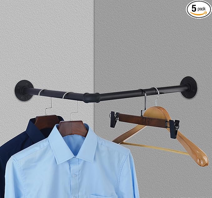 AddGrace Industrial Pipe Garment Rack Iron Wall Mounted Right Angle Corner Clothing Rack with Screws DIY Home Storage Display (Black) 18.1"
