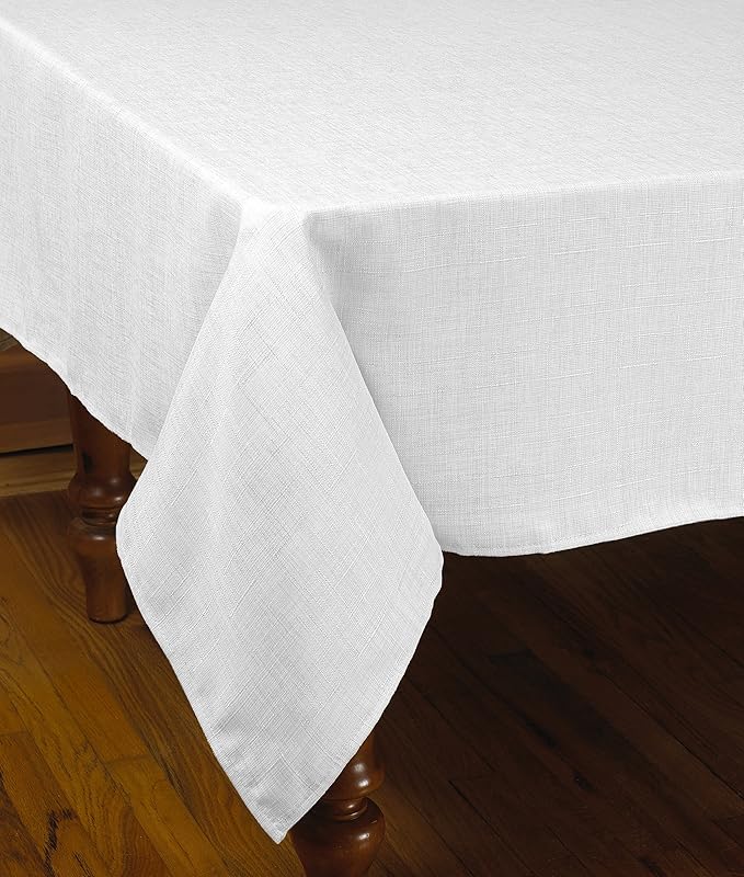 Violet Linen European Solid Faux Linen Pattern, Polyester, Water Repellent, Spillproof, Wrinkle Free Anti-Shrink Soft Fabric, White, 60 Inch by 95 Inch, Seats 6 to 8 People, Rectangle Tablecloths