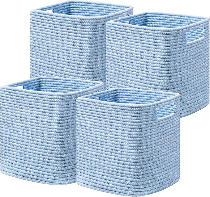 UBBCARE Storage Cubes 11 Inch, Cotton Rope Woven Baskets for Organizing, Cube Storage Bin for Baby Nursery, 4-Pack Square Toy Storage Baskets for Shleves Organizer, Closet, Kidsroom, Blue