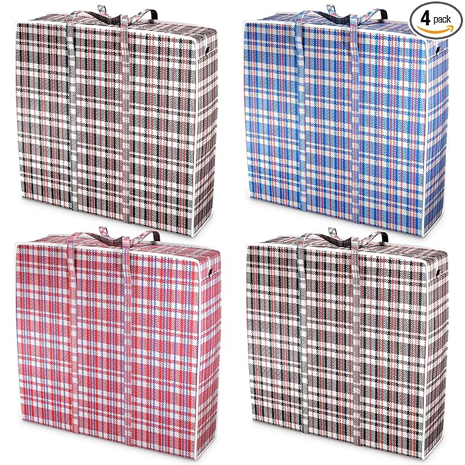 4Pcs Large Laundry Bag with Handles – Large Moving Bags with Zippers – 23.6 x 23.6 x 5.9 In (13 Gallons), Plaid Travel Bags for Clothes, Holiday Travel & Seasonal Storage | Moisture & Dirt Resistant