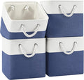 11 Inch Cube Storage Bins, 4 Pack Fabric Storage Cubes with Rope Handles, Organizer Baskets for Closet Shelves, Clothes and Home Organization(White/Blue)