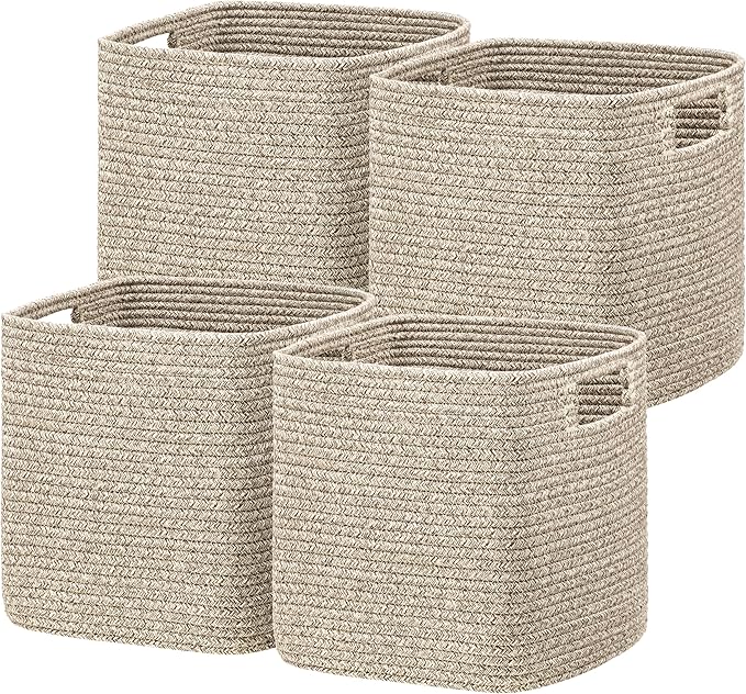 UBBCARE Set of 4 Storage Basket-13 X 13 X 13 in, Cotton Rope Baskets for Shelves, Toys, Book, Cube Storage Bins with Handles, Woven Storage Basket for Organizing, Mix-Brown