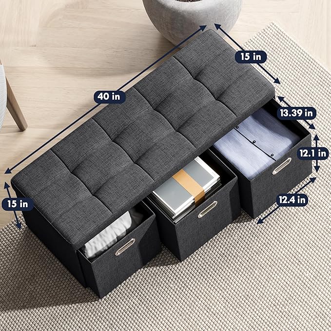 Ornavo Home Storage Ottoman with 3 Drawers, 40 Inches Long Foldable Tufted Linen Large Bench Ottoman with Storage, Foot Rest Stool Seat, for Living Room, Bedroom, Entryway, Black