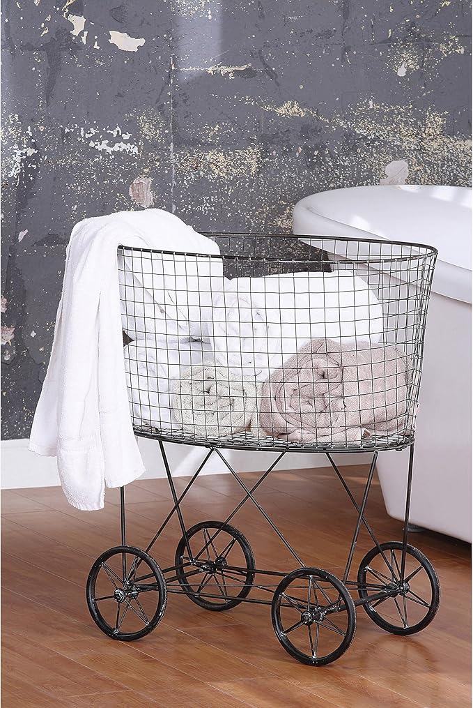 Creative Co-op Vintage Metal Laundry Basket with Wheels 25" x 15" x 26 3/4" (W x D x H)