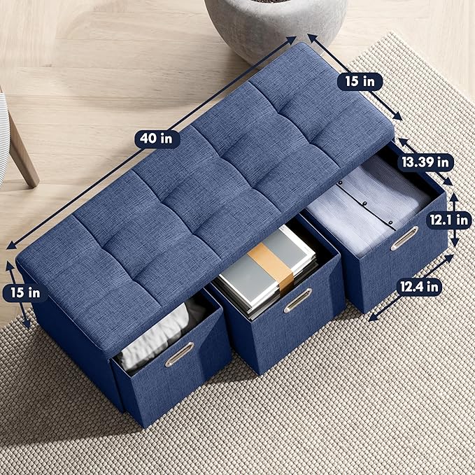 Ornavo Home Storage Ottoman with 3 Drawers, 40 Inches Long Foldable Tufted Linen Large Bench Ottoman with Storage, Foot Rest Stool Seat, for Living Room, Bedroom, Entryway, Navy Blue