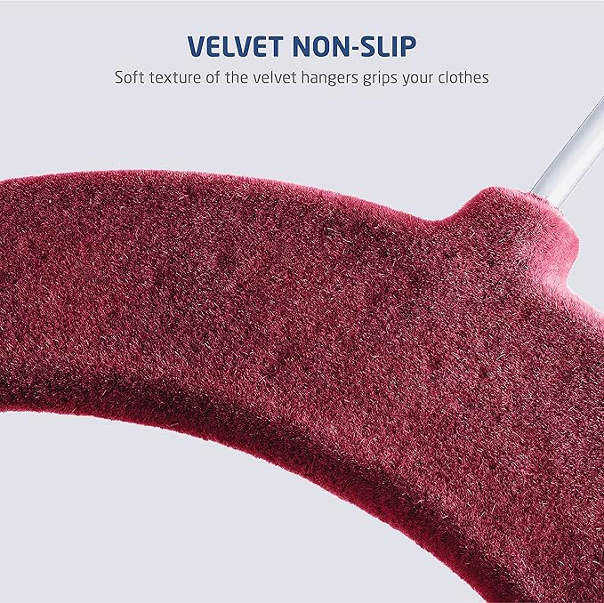 Zober Velvet Hangers with Clips - 20 Piece Set for Pants, Skirts, Suits, Dresses & Shirts - Notched Burgundy Velvet, Non Slip Felt, 360 Degree Hook