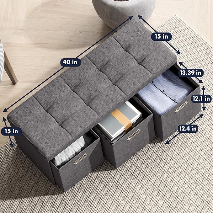 Ornavo Home Storage Ottoman with 3 Drawers, 40 Inches Long Foldable Tufted Linen Large Bench Ottoman with Storage, Foot Rest Stool Seat, for Living Room, Bedroom, Entryway, Dark Gray