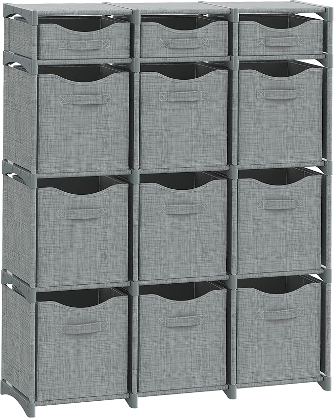 12 Cube Storage Organizer With Bins Included - Closet Storage With 12 Storage Bins - Easy To Assemble Storage Unit With Drawers - Closet Organization For Clothes, Bedroom, Nursery, & Toys (Grey)