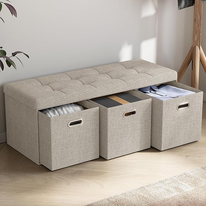 Ornavo Home Storage Ottoman with 3 Drawers, 40 Inches Long Foldable Tufted Linen Large Bench Ottoman with Storage, Foot Rest Stool Seat, for Living Room, Bedroom, Entryway, Beige